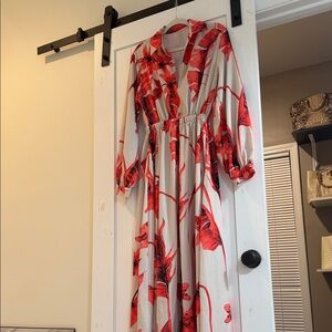 OT Miami Designer Floral Leg Slit Maxi Dress Long Sleeve Collared Waisted Flowy